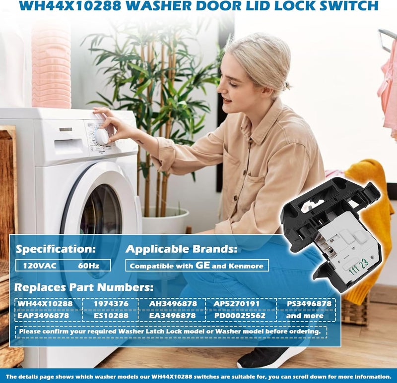 IWIWE WH44X10288 Washer Door Lid Lock Switch Replacement for GE/Kenmore Washers (Top-Load), Replaces PS3496878 AP5270191 1974376 AH3496878 EA3496878 ES10288 PD00025562, Fixes Unlocking/Leaking Issues - Image 2